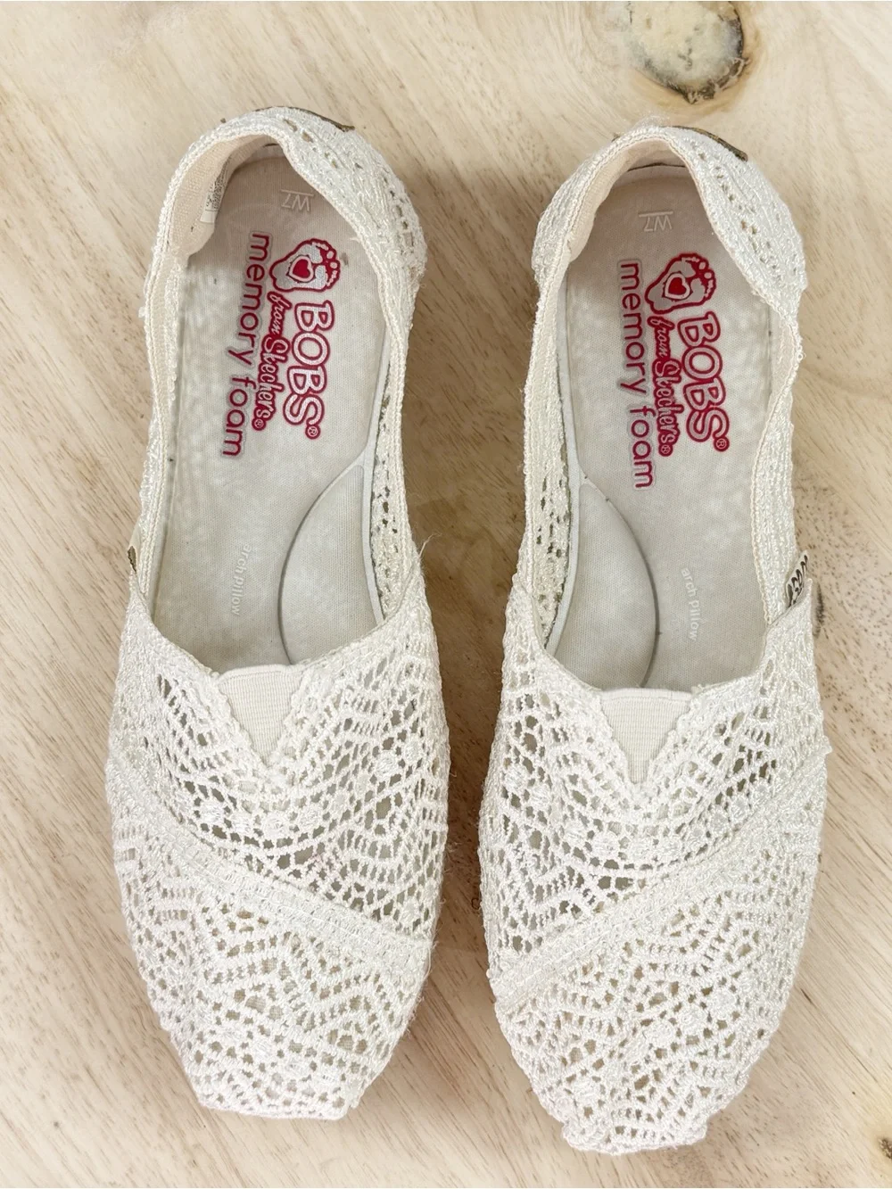 Bobs Skechers Crochet Lace Espadrille Wedge Slip On Shoes Ivory Cream 7 Boho
